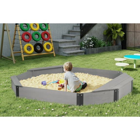 75.5''x53''x8.5'' Wooden Octagon Sandbox with Storage, Large Sandpit with Cover for Kids Outdoor Patio Backyard Play, Easy & Quick Assemble, Gray