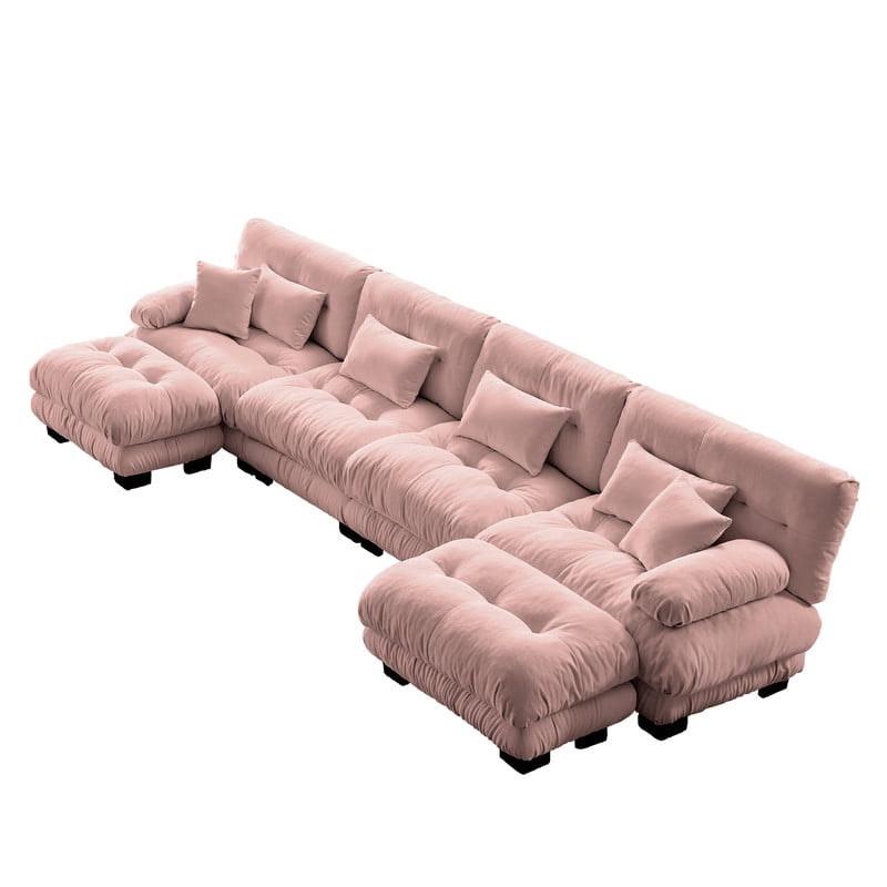 ANPPORT Cloud Couch Sleeper Sofa, Chenille Pink 4-Seater Modular Sofa with 2 Ottomans, 4 Lumbar pillows, 2 Pillows, Comfy Deep Seat Cloud Sofa, Convertible L-Shaped Floor Couch for Living Room