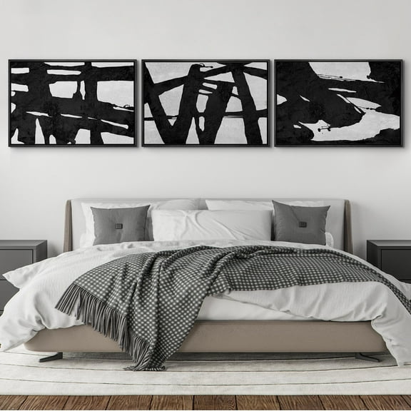 IDEA4WALL Framed Canvas Print Wall Art Set of 3 Black Ink Paint Stroke Grid Landscape Abstract Pattern Wall Decor Retro Geometric Graffiti Prints Contemporary Minimal Artwork - 16"x24"x3 Black
