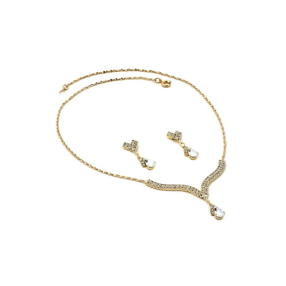 Gold Crystal Rhinestone Necklace with 2 Line Teardrop Center & Matching Dangle Earrings Jewelry Set