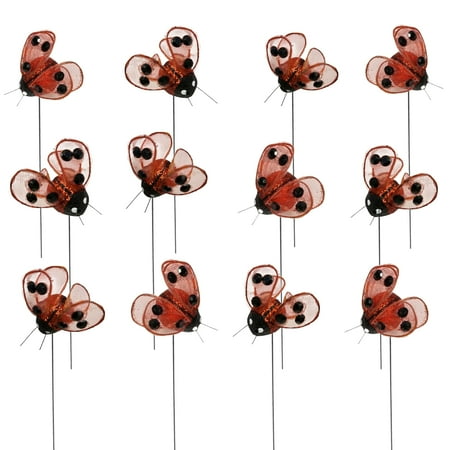 Ladybug Floral Pick Decorations - Red and Black Glitter Lady Bugs Attached to Wire Stems - Set of 12 Winged Ladybugs on Wires- Great for Wreaths Centerpieces Crafts DIY Party Decor