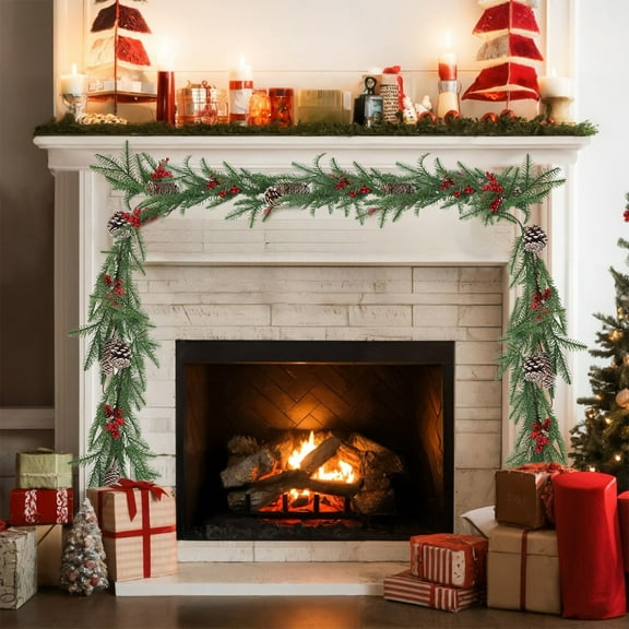 Fmbmuo 6.4ft Artificial Christmas Hanging Vines with Red Berries and Pine Cones Decorations - Norfolk Pine Greenery Garland for Home Decor