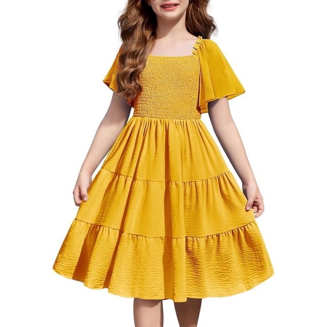 Vestido Arshiner amarillo para niñas de verano de 5 a 6 años con bolsillos