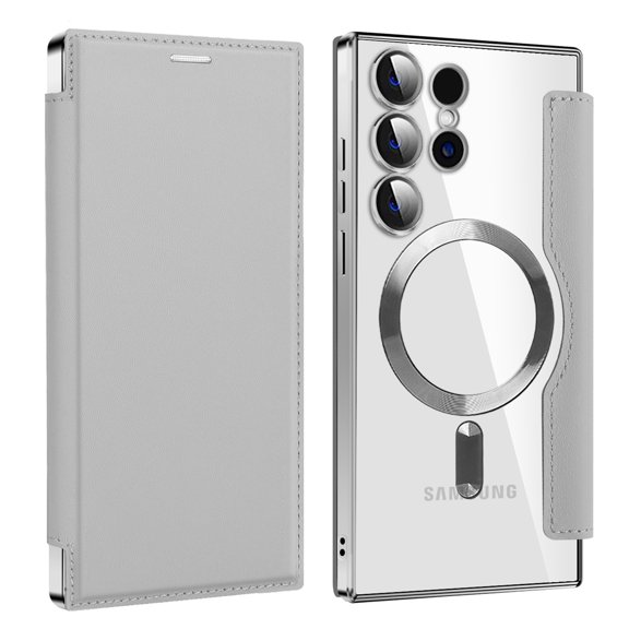 Dteck Magnetic Wallet Case for Samsung Galaxy S25 Ultra,Shockproof Leather Card Slots Case Built-in Camera Lens Protector Plating TPU Compatible with Mag Safe Back Cover for Galaxy S25 Ultra,Grey