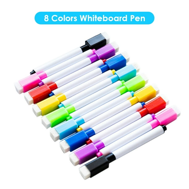 Marqueurs effaçables à sec 8 couleurs avec capuchon gomme Ensemble de stylos  pour tableau blanc portable à faible odeur pour verre/tableau blanc/plastique/porcelaine  