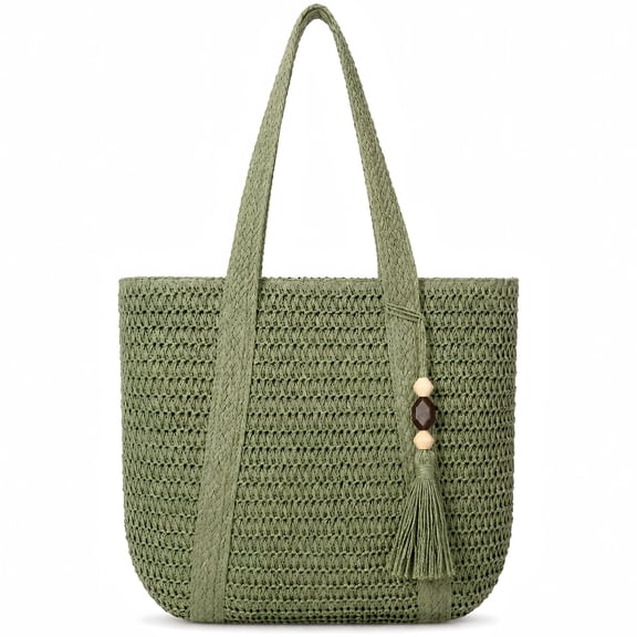 Soda Candy Straw Beach Bags for Women Boho Crochet Beach Tote Bag with Wooden Bead Tassel, Large Woven Shoulder Bag for Summer Vacation Pool Picnic
