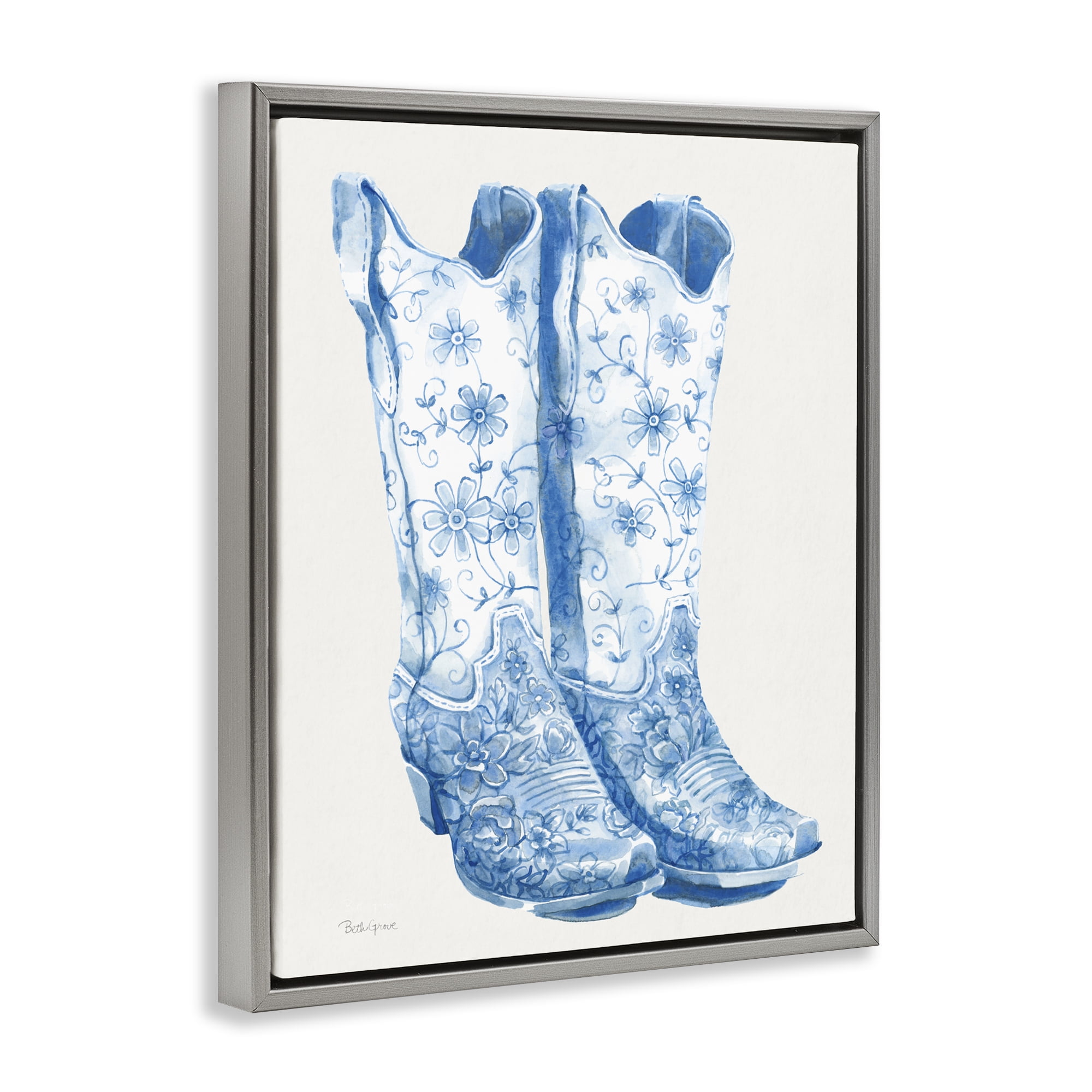 Stupell Industries Blue Boots with Floral Embroidery Gray Framed Floater Canvas Wall Art, design by Beth Grove
