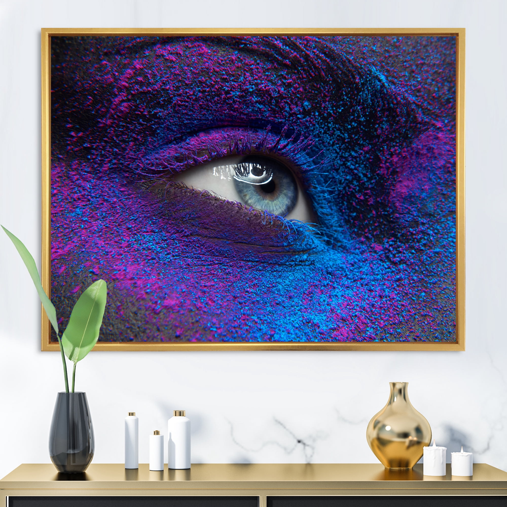 Designart 'Woman Eye With Dry Paint Dust Pigment On Face' Modern Framed Canvas Wall Art Print
