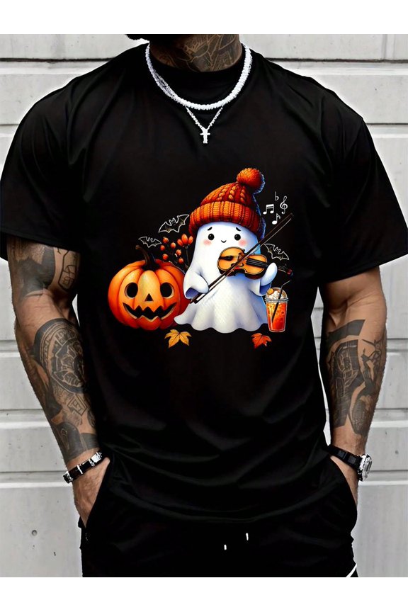 100% Cotton Cute Ghost Playing Violin Music Lovers Halloween Musician T-Shirt Summer Men's Short-Sleeved Shirt