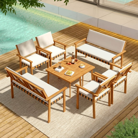 Costway 8 PCS Wood Furniture Set with Coffee Table Seat Back Cushions for Backyard, Porch