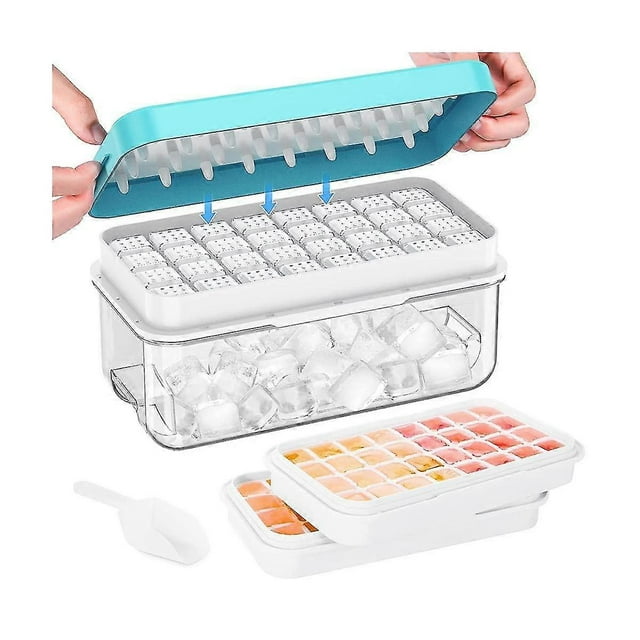 Ice Square Tray With Lid And Bin, 64 Pcs Ice Cubes Molds, Ice Trays For Freezer, Tray Mold, Ice Fre