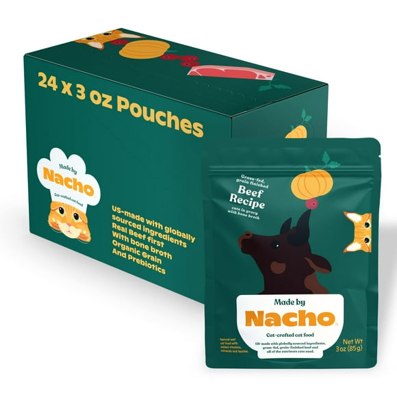 Made by Nacho Wet Cat Food, Cuts in Gravy, Limited Ingredients, Grass-Fed Grain Finished Beef Recipe with Bone Broth for Extra Hydration, (24) 3 oz. Pouches