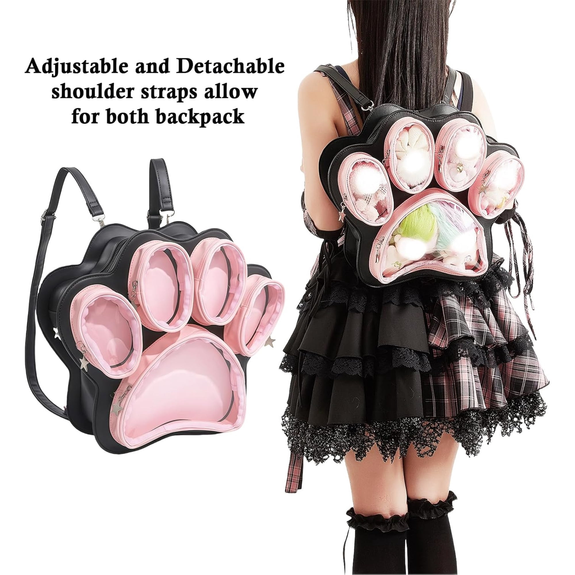SQDWYGUO Cat Paw Ita Bag Kawaii Cute Backpack Ita Display Backpack with Clear Pocket Pretty Aesthetic Crossbody Shoulder Bag,Pink