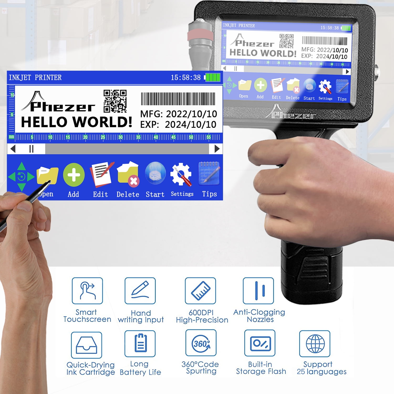 Phezer P16 Handheld Inkjet Printer for Any Surface, Intelligent 360° Coding Machine for Date/Time/Barcode/QR Code/Logo On Glass Carton Box Wood Cloth Plastic Cable (25 Languages) with 1 Ink cartridge