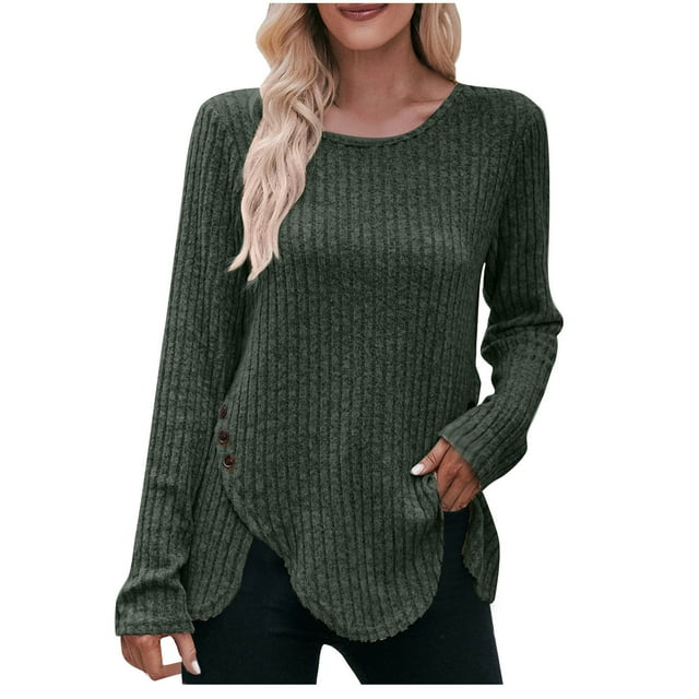 Timegard Tops for Women Ribbed Long Sleeve Scoop Neck Button Pullover Fall Casual Loose Tops Sweater