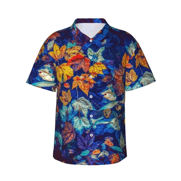 Kuqiui Colorful Fall Leaves Pattern Men's Casual Button-Down Shirts Hawaiian Shirt Short Sleeve-Medium