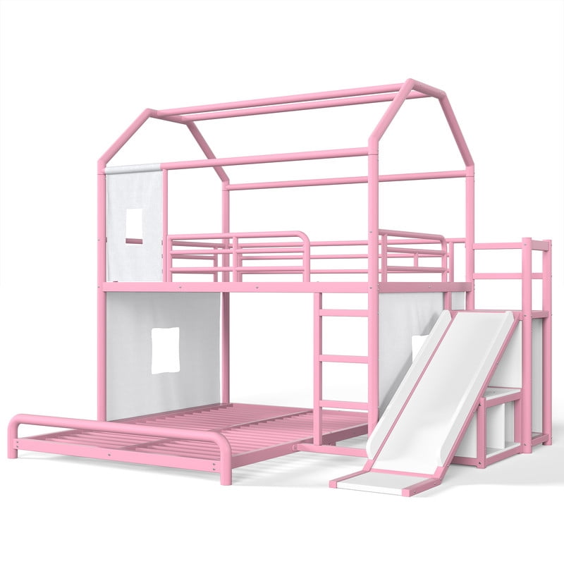Full Over Full Metal Bunk Bed with Slide, Ladder, LED Light, Privacy Curtain and Movable Storage Cabinet, House-Shaped Kids Bunk Bed with Hanging Rod, No Box Spring Required