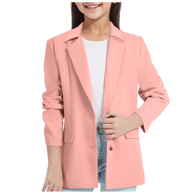 Posijego Girls' Blazer Solid Color Business Lapel Long Sleeve Open Front Blazer Formal Outerwear Built in Pockets