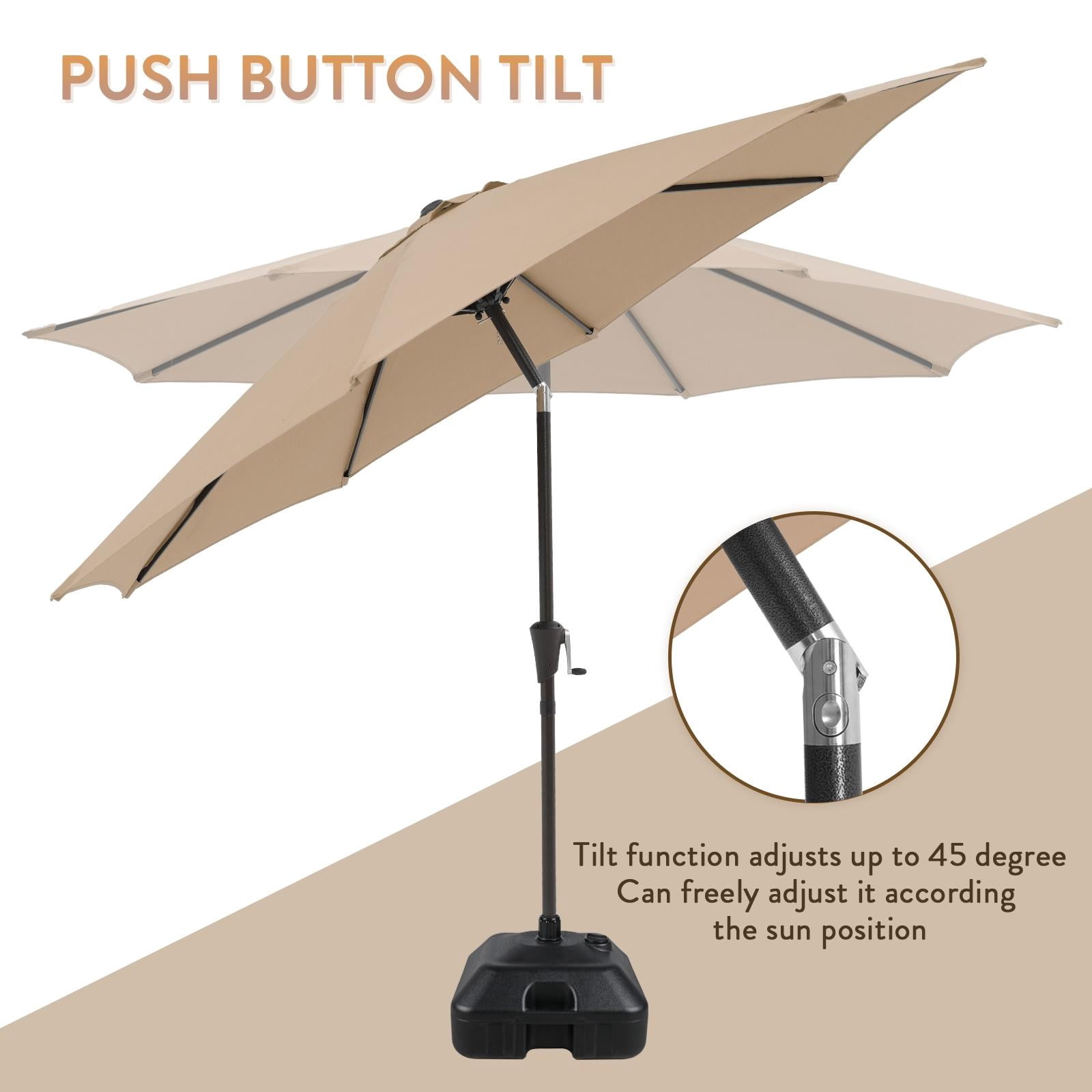 Patio Umbrella with Patio Market Umbrella Base, 9-Feet Outdoor Table Market Umbrella with 26.5lb Heavy Duty Resin Square Outdoor Stand, Push Button Tilt/Crank, 8 Ribs, Beige