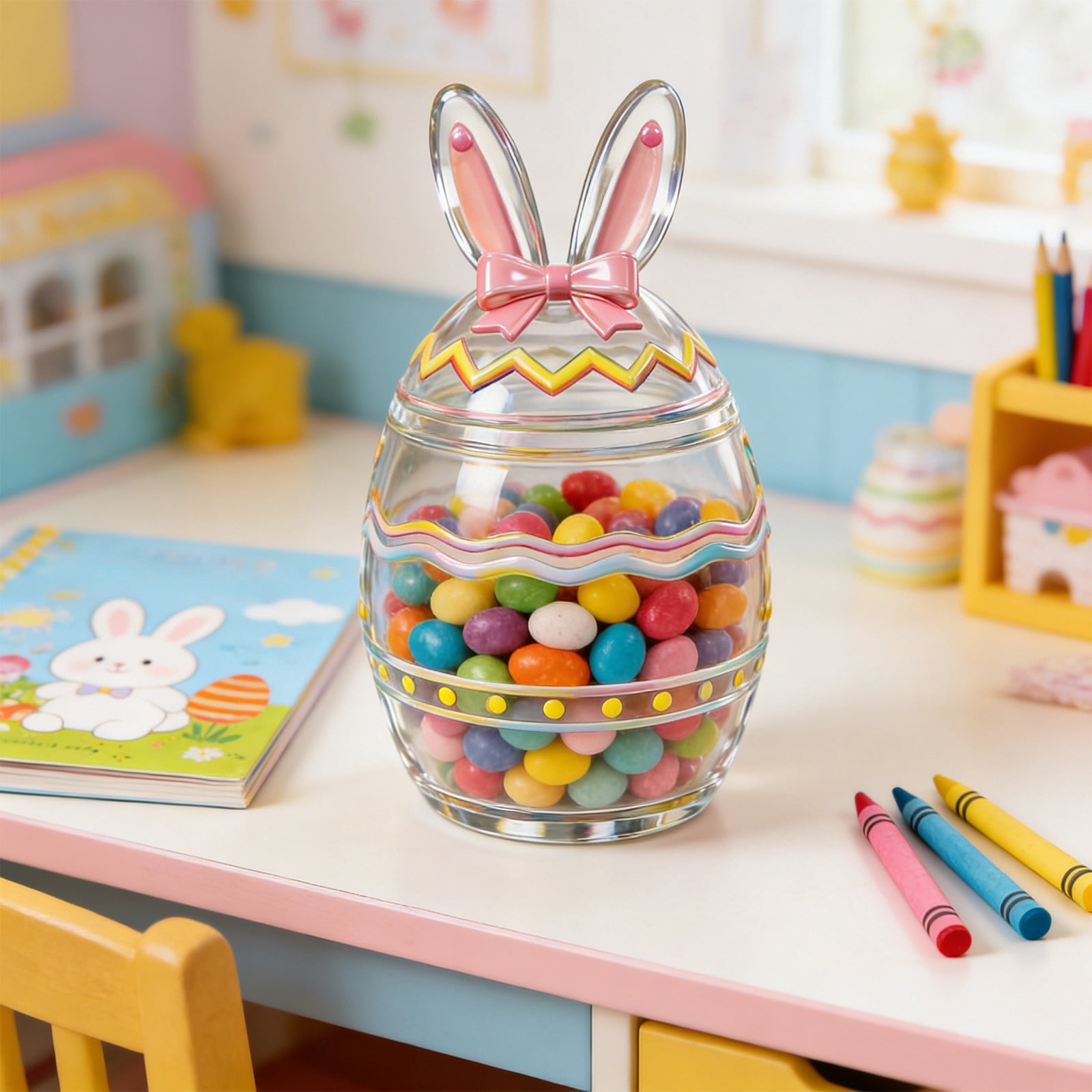 Easter Themed Glass Candy Jar with Lid, Rabbit and Egg Decorative Storage Container, Airtight Treat Jar for Kitchen Counter, Festive Holiday Gift Box for Sweets and Snacks