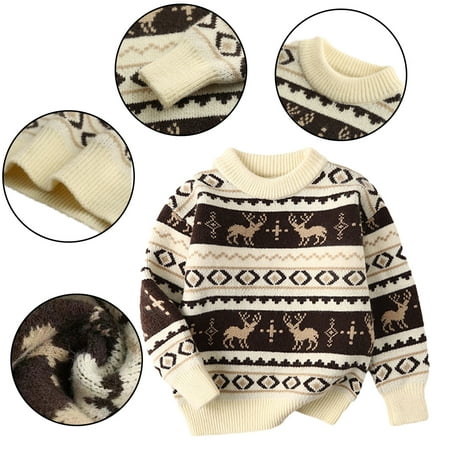 

KYAIGUO Toddler Baby Premium Knit Crewneck Sweater Tops for Baby Boys Girls Fashion Striped Elk Print Pullover Sweater Winter Thick Knit Sweater