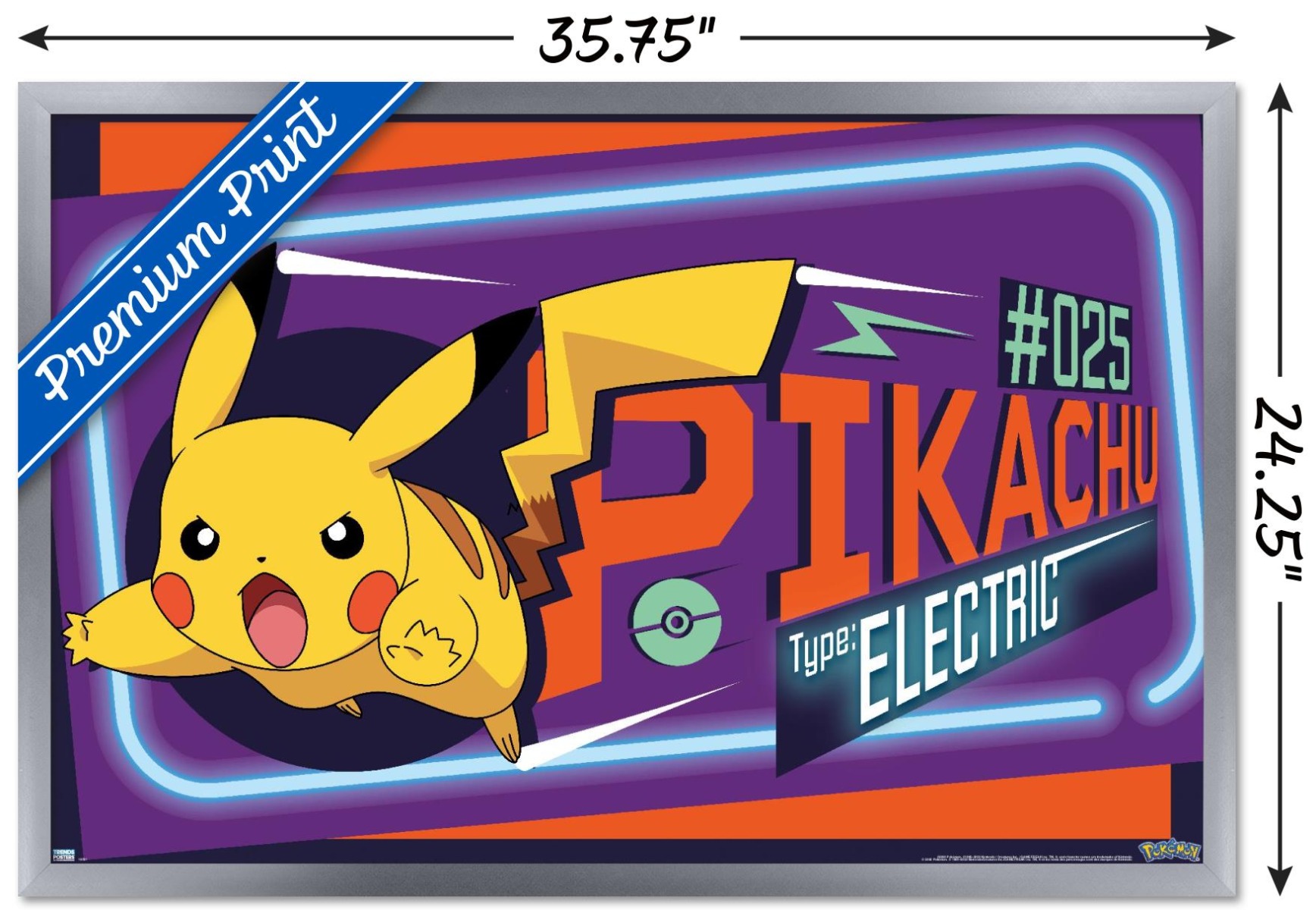 Pokemon - Neon Pikachu Wall Poster, 22.375" x 34", Framed