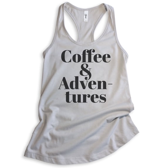 Coffee & Adventures Tank Top, Ladies Racerback Tank Top, Coffee Tank, Caffeine Espresso Tank, Cafe Tank, Silver Gray, X-Large