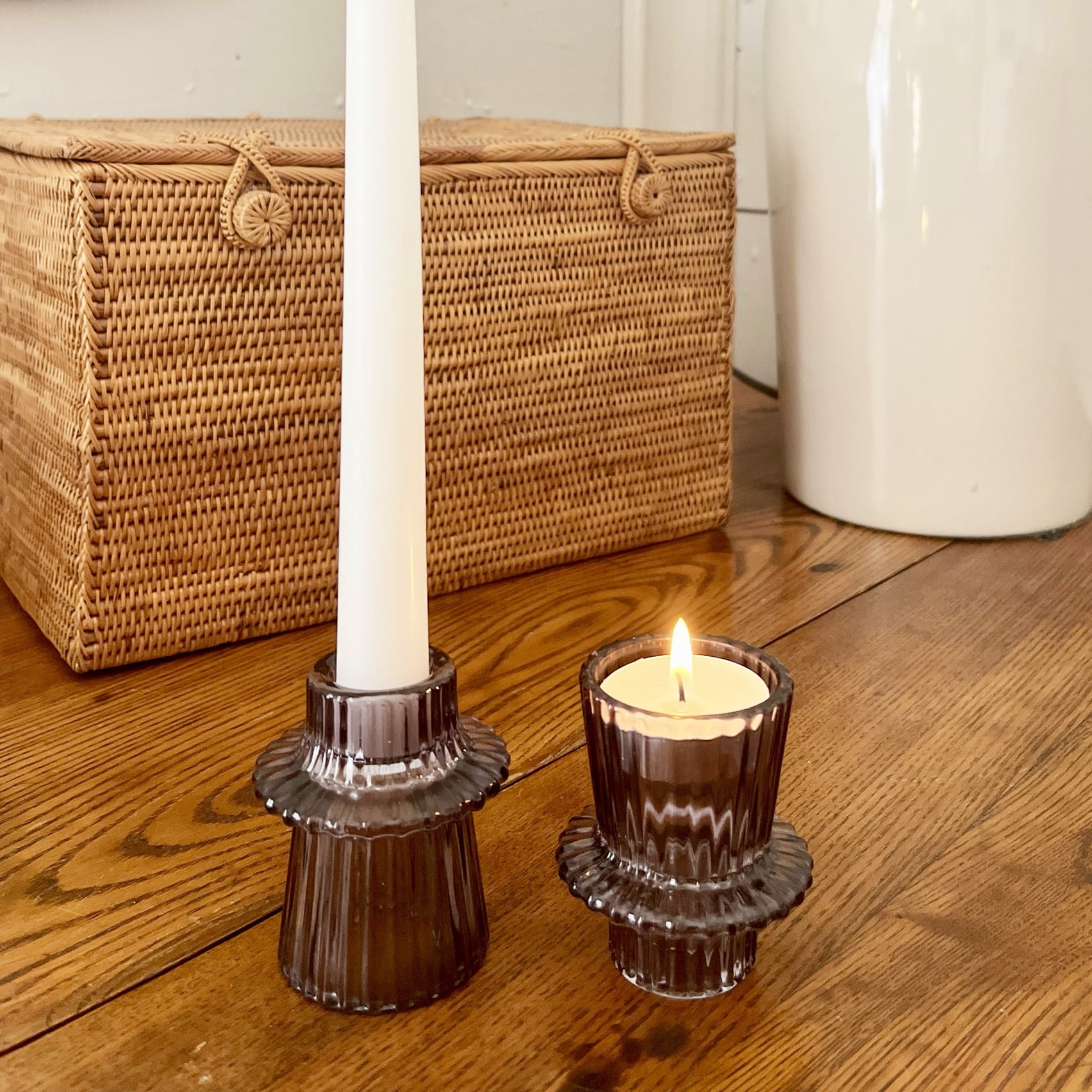 (3 pack) Mainstays Decorative Smoke Glass Ribbed Taper Tealight Candleholder, Set of 3, 3"