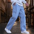 thumbnail image 6 of Migroa Mens Baggy Jeans Elastic Waist Denim Casual Loose Fit Wide Leg Cargo Pants with Drawstring Streetwear Pants Light Blue L, 6 of 7