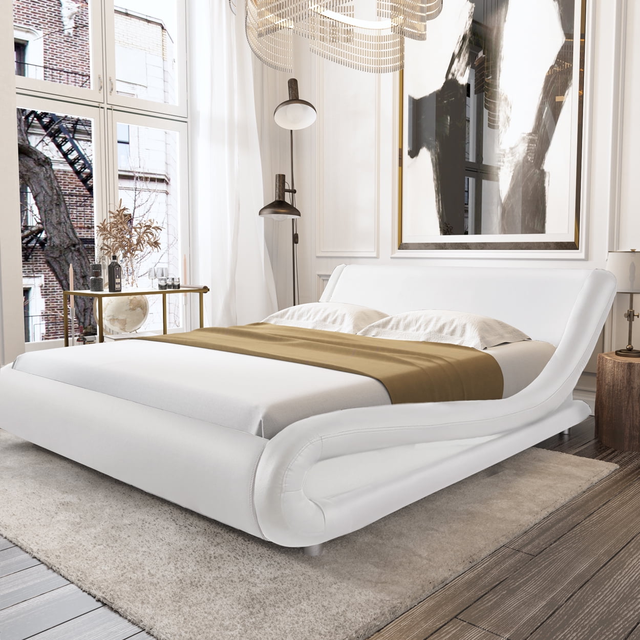 Buy Amolife Full Size Bed Frame with Curved Adjustable Headboard, Faux