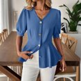thumbnail image 6 of Women V-Neck Button Tops Short Sleeve Lace Hem Fashion T-Shirt Summer Temperament Casual Outfit,Blue,XXL, 6 of 7