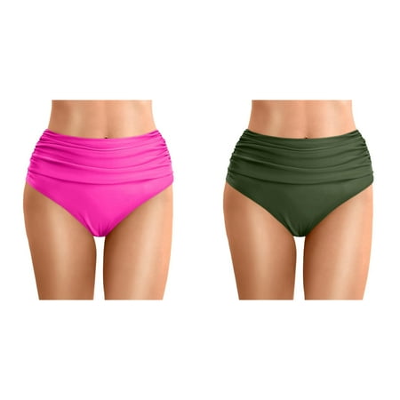 (2-Pack) 2025 New Women Plus Size High Waist Bikini Bottoms Swim Juniors Swimsuits Bottoms Briefs Beach Shorts Ruched Bottom High Cut Swim Bottom Full Coverage Swimsuit Bottom Sports Yoga