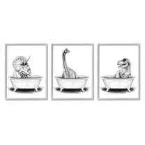 Stupell Dinosaurs Bathing Bathroom Tub Animals & Insects Painting Gray Framed Art Print Wall Art, Set of 3