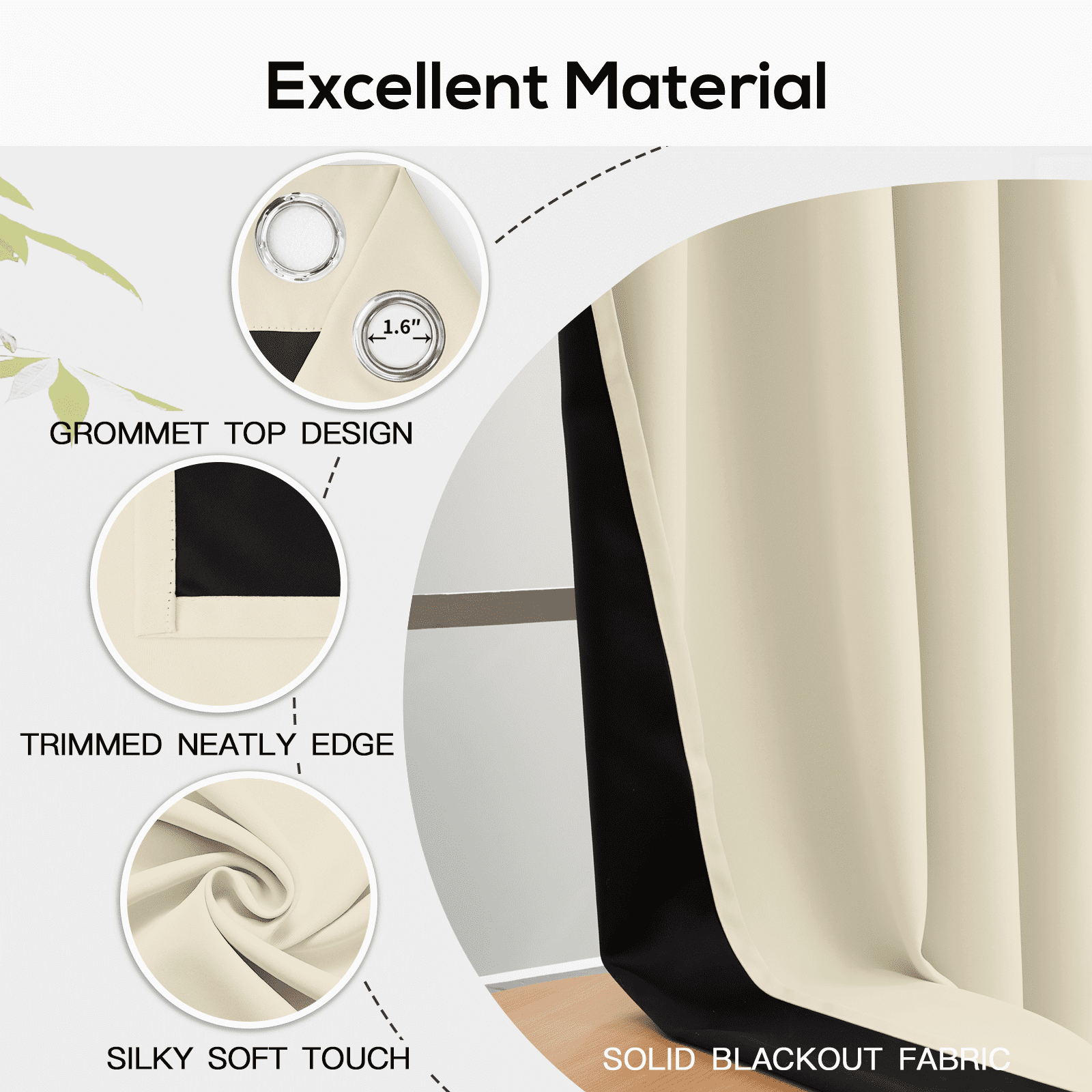 Yakamok 100% Cream Blackout Curtains for Bedroom, Light Blocking Thermal Insulated Noise Reducing Blackout Drapes for Living Room(52Wx84L, 2 Panels)