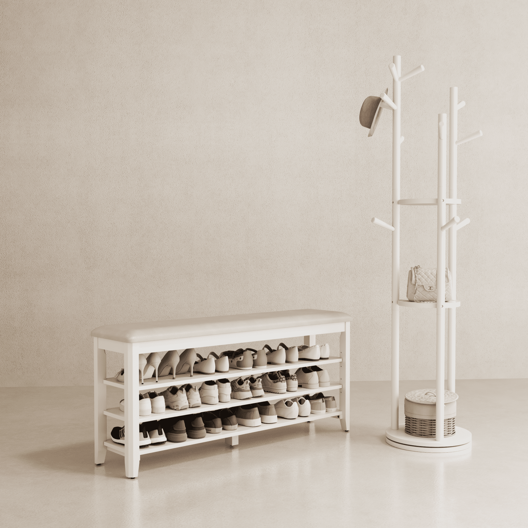 Muwuele 3-Tier Shoe Rack with Leather Cushion, Shoe Organizer Storage with Adjustable Shelves, White Wood Shoe Bench for Entryway, Mudroom, 47.2"W