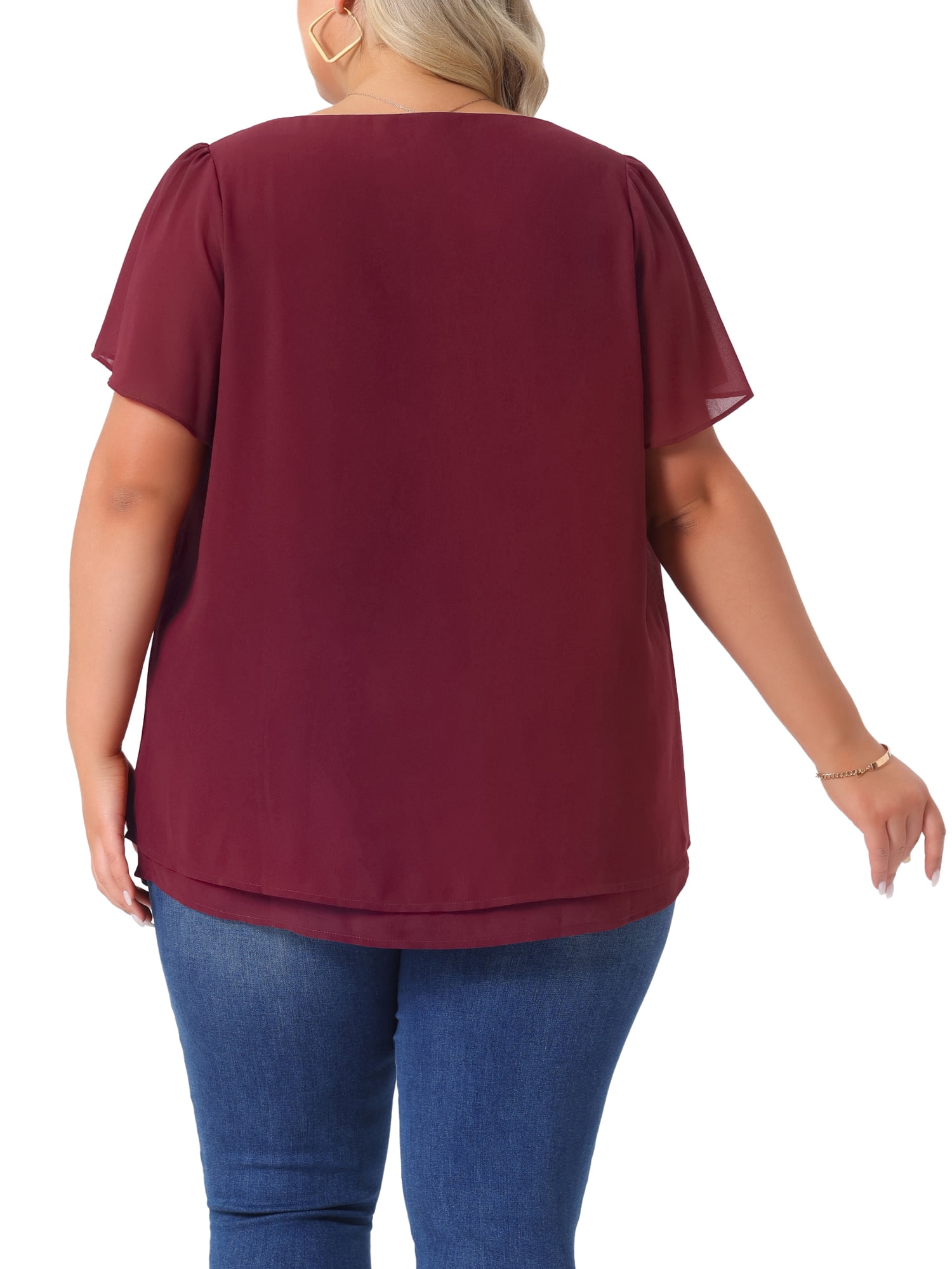 DARING DIVA Women's Plus Chiffon Ruffle Double-Layered Top 4X Burgundy