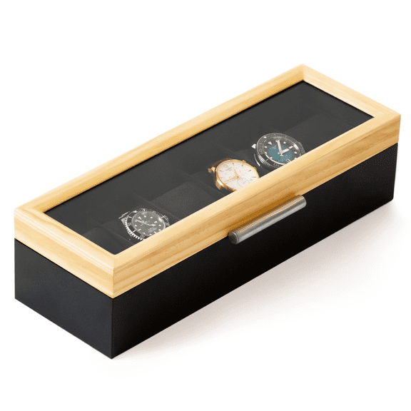 Modern Two-Toned Pine and Dark Gray with Aluminum Handle 6-Slot Watch Box, Wood, Unisex by Case Elegance
