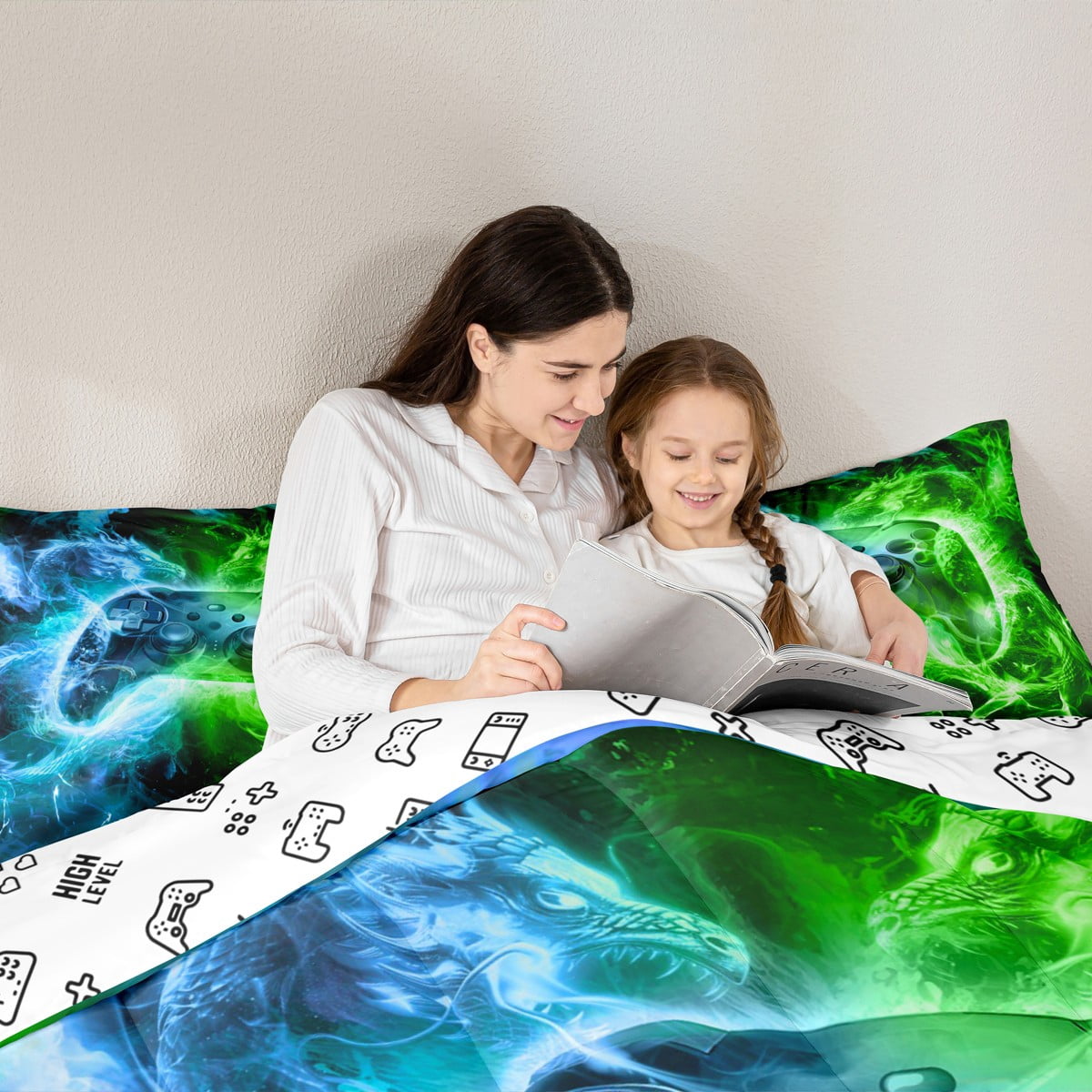 Feelyou Cartoon Game Console 01, Green Blue Twin Comforter Sets, Video Game Lover Reversible Bedding Set, Lightweight Room Decor,2 Pieces