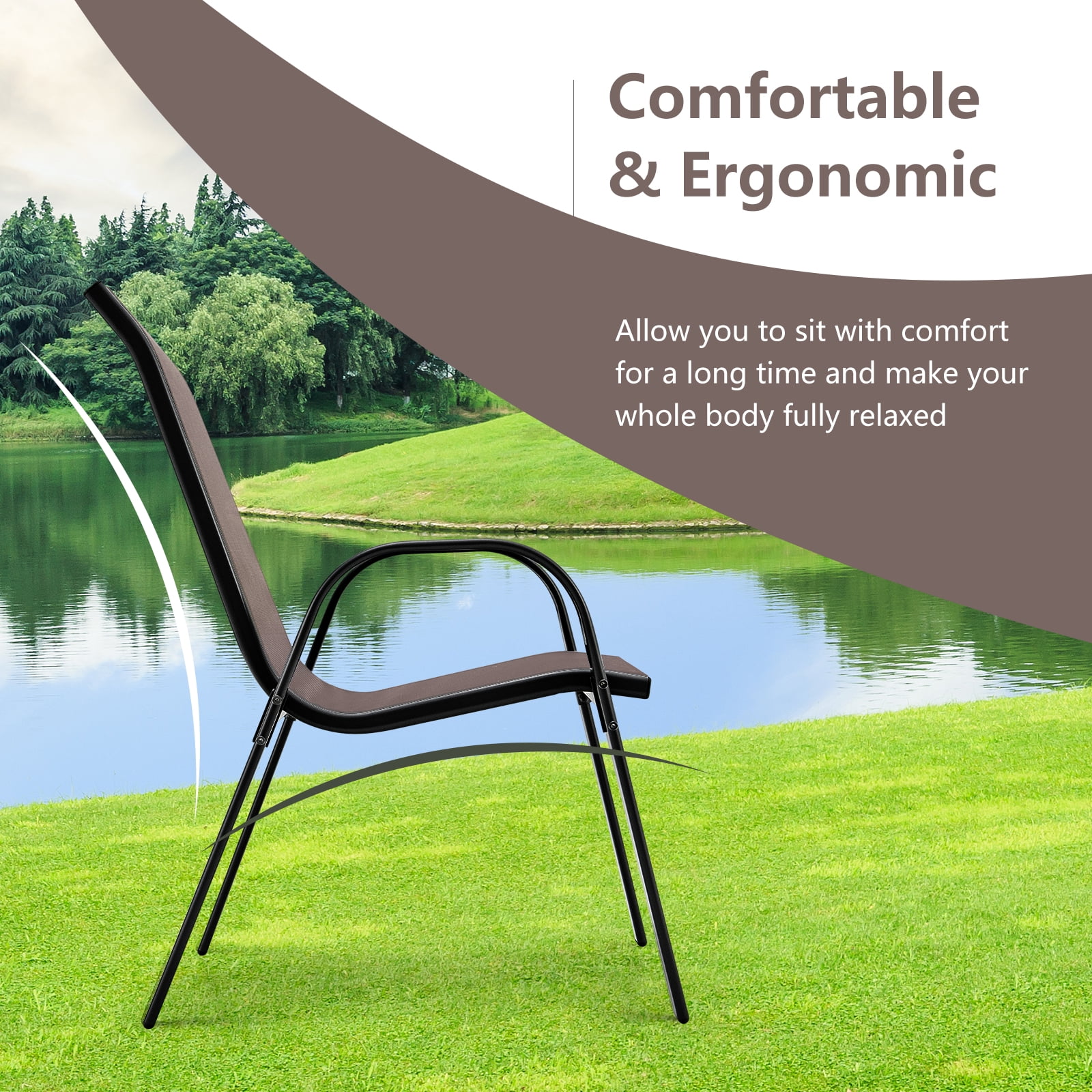 Costway Set of 4 Patio Dining Chairs Stackable Armrest Space Saving Garden Black & Brown