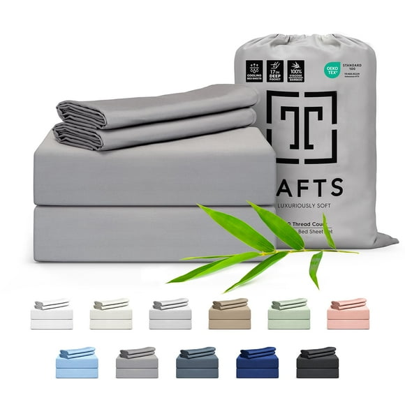 Tafts Draps 100 % Viscose Dérivés de Bambou Ensemble de Draps Taille Complète, Poches Profondes de 17 Pouces, Luxueusement Doux, Soyeux, Rafraîchissants, Double Couture, Promesse de Qualité à Vie (Gris/gris)