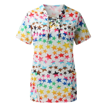 

Xutthjh Summer Women Scrubs Tops Short Sleeve V-Neck Flower Printed Top Nursed Uniform Working T-Shirts