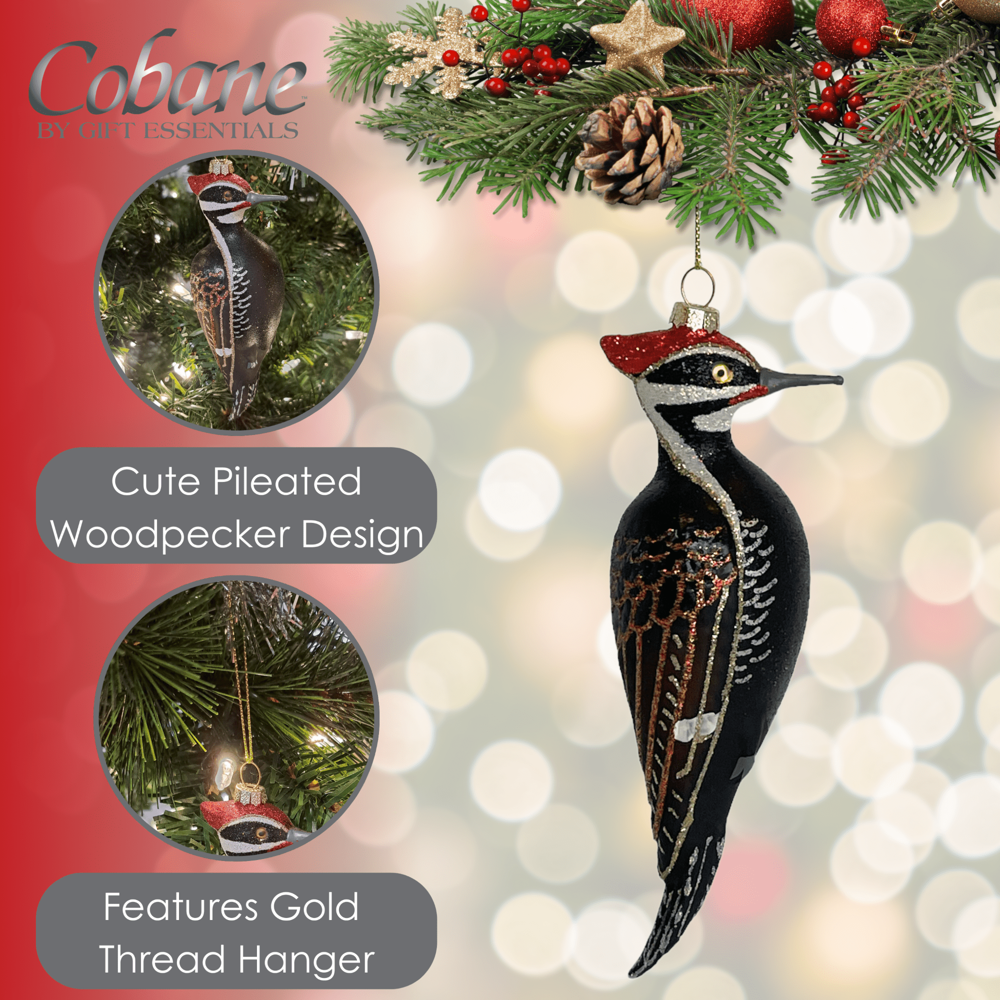 Cobane Studio Pileated Woodpecker Ornament - Blown Glass Bird Ornament for Christmas and Home Decor - Hand Painted and Dusted with Glitter