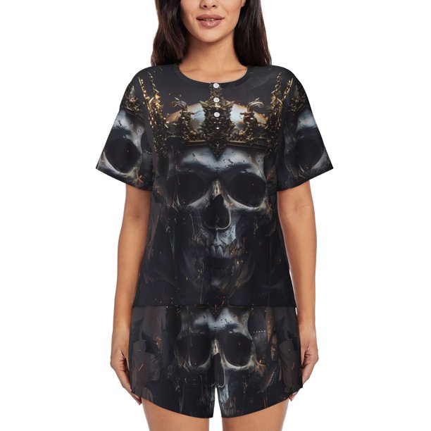 Balery Royal Skull With Golden Crown Conjunto de Pijama para Mujer con Estampado, Dos Piezas de Manga Corta y Shorts, Ropa de Dormir Suave con Cuello Redondo y Bolsillos-Medium