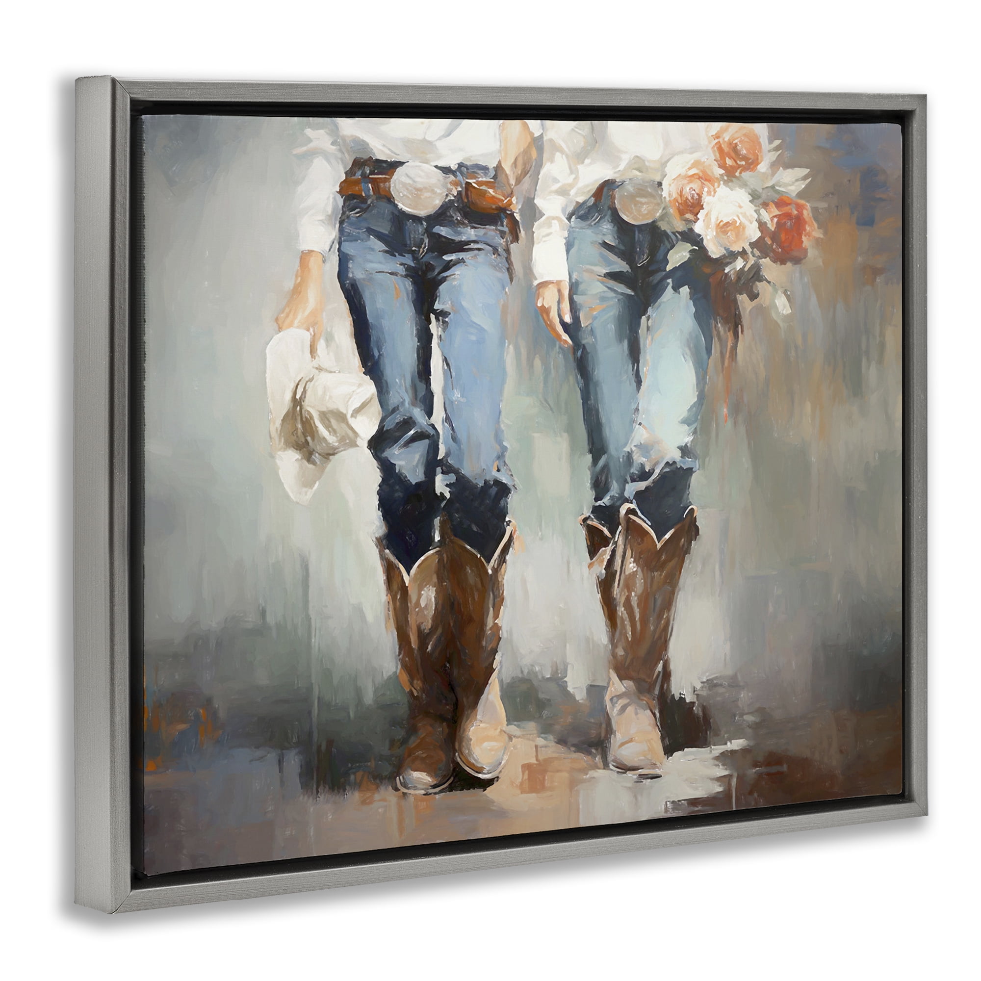 Stupell Industries Floral Cowgirl Pair Novelty Painting Gray Floater Framed Canvas Art Print Wall Art, 21 x 17