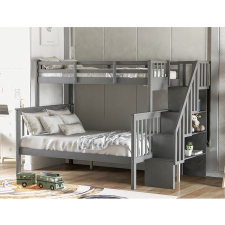 Private Jungle Twin Full Bunk Beds with Storage and Guard Rail  Solid Wood Bunk Bed for Bedroom  Gray