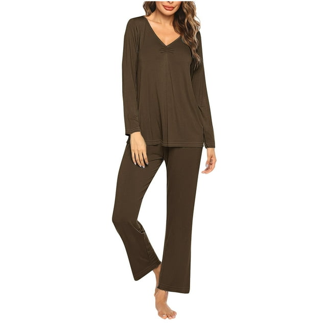 Timegard Ensembles de Pyjamas pour Femmes 2 Pcs Manches Longues Col en V Haut Froncé et Pantalon Automne Décontracté Doux Tenues de Pjs