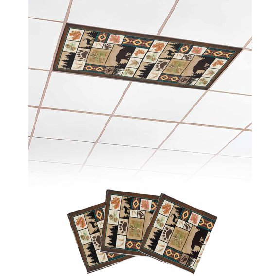 Fluorescent Light Covers for Ceiling Lights 3 Pack, Boho Brown Magnetic Ceiling Light Covers 2x4ft for Classroom Office School, Southwestern Farm Animals Vintage Plaid Drop Ceiling Light Shade