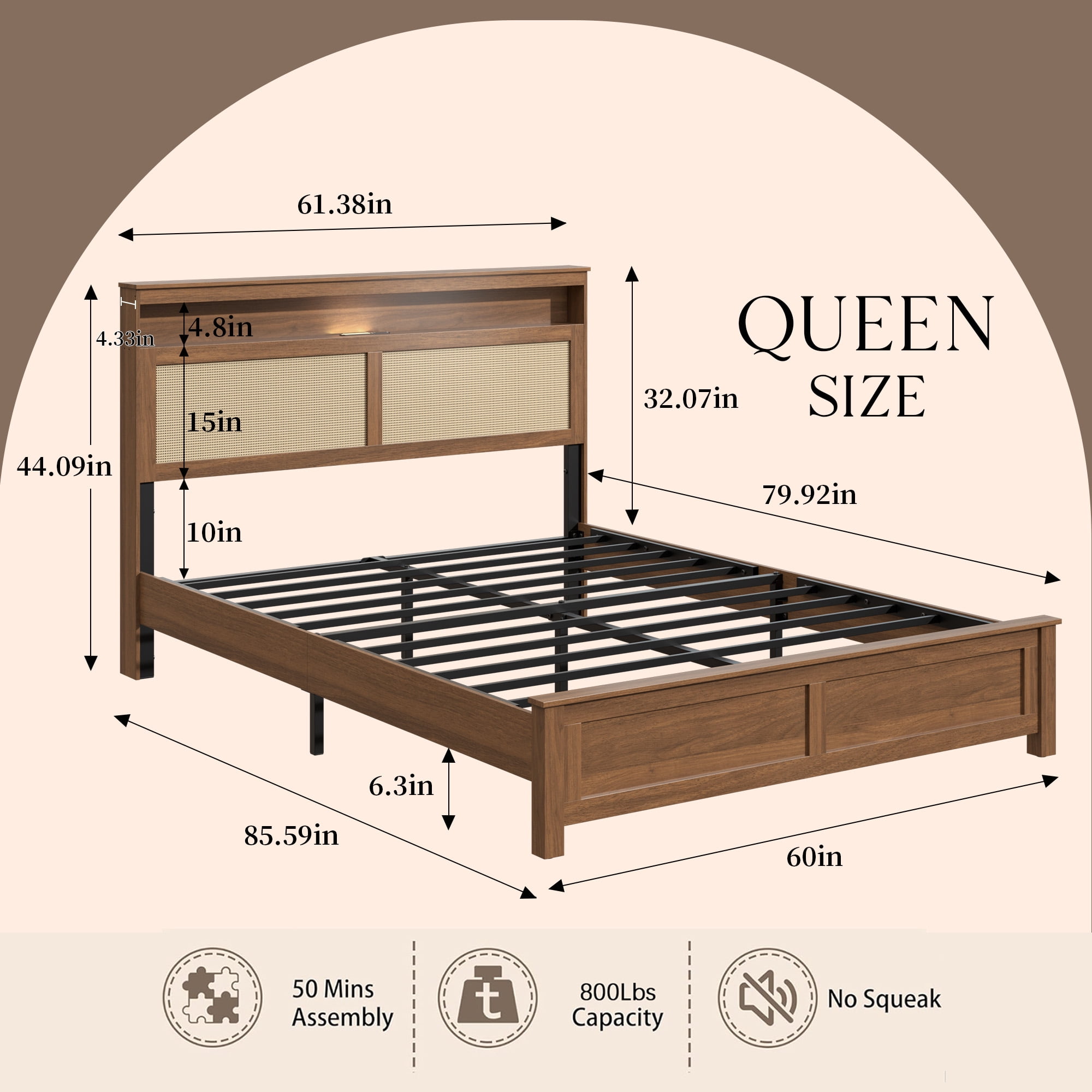 Queen Bed Frame 86.02 Inch, Rattan Headboard with Built In LED Reading Light and Storage Shelf, Modern Farmhouse Platform Bed, No Box Spring Needed, Brown