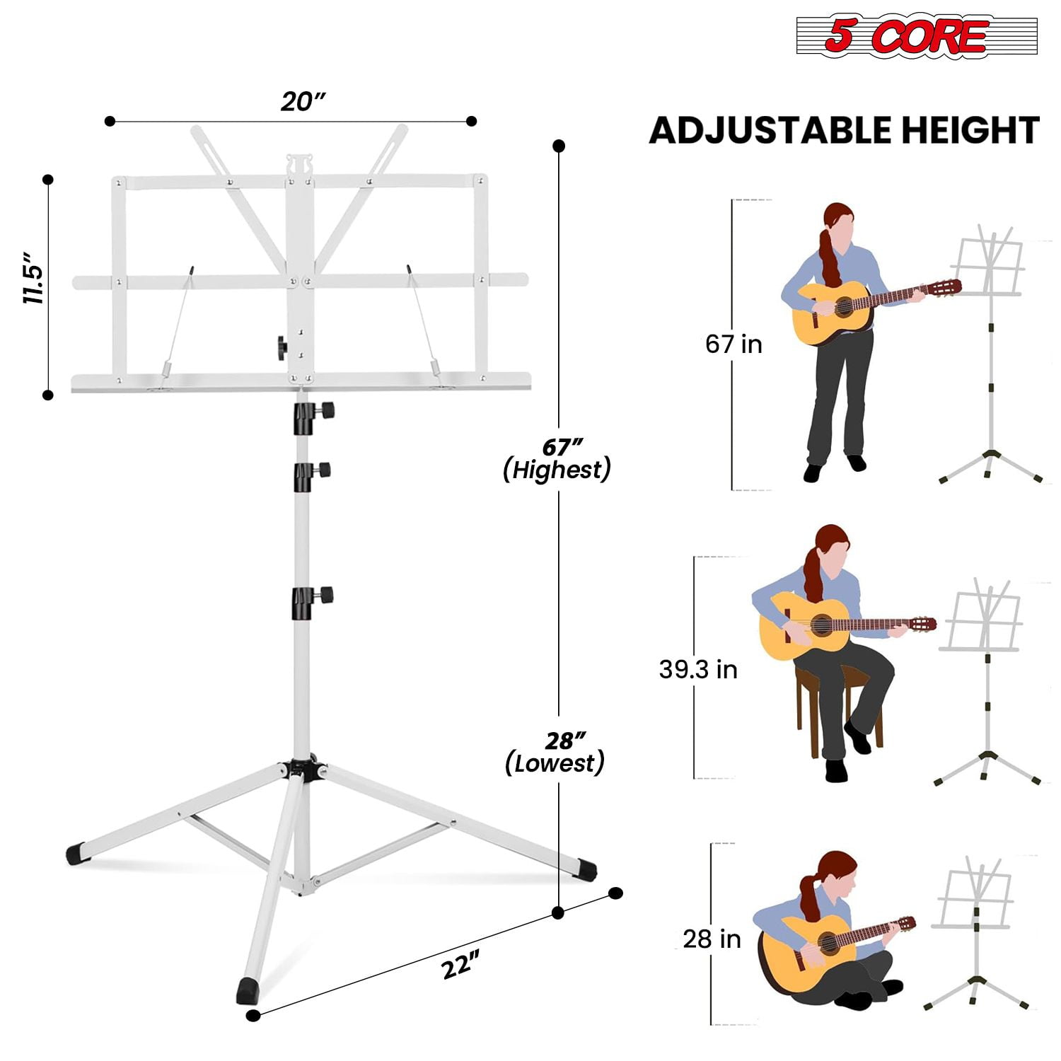 5Core Music Stand For Sheet Music Portable Tripod Adjustable Folding Note Holder