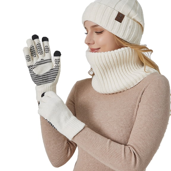 Fsgntruao Winter Hat Scarf Gloves Set for Women Thick Warm Knit Beanie With Pompom Ear Protection 3-Piece White,M